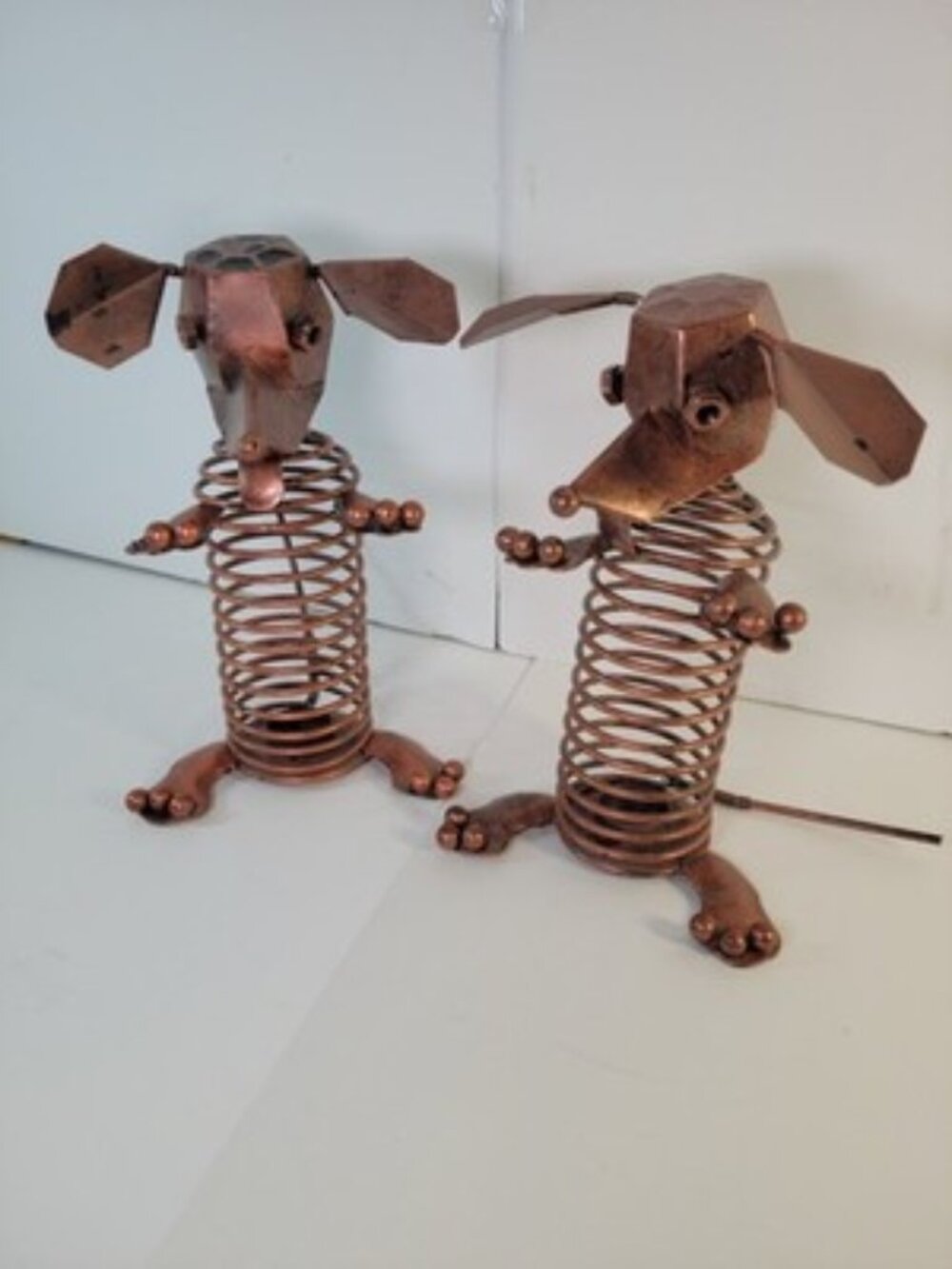Handmade Welded Metal Spring Dog Sculpture Pair Rustic Folk Art 11 Inch